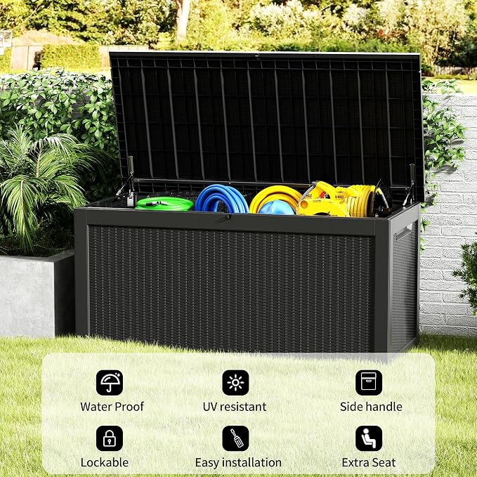 Outdoor Storage Box 321GAL Waterproof Resin Deck Box,Pool Accessories Supplies，UV-Resistant Lockable Package Delivery Bin for Garden Tools,Large Patio Outside Cushions,Chest,Furniture,Black