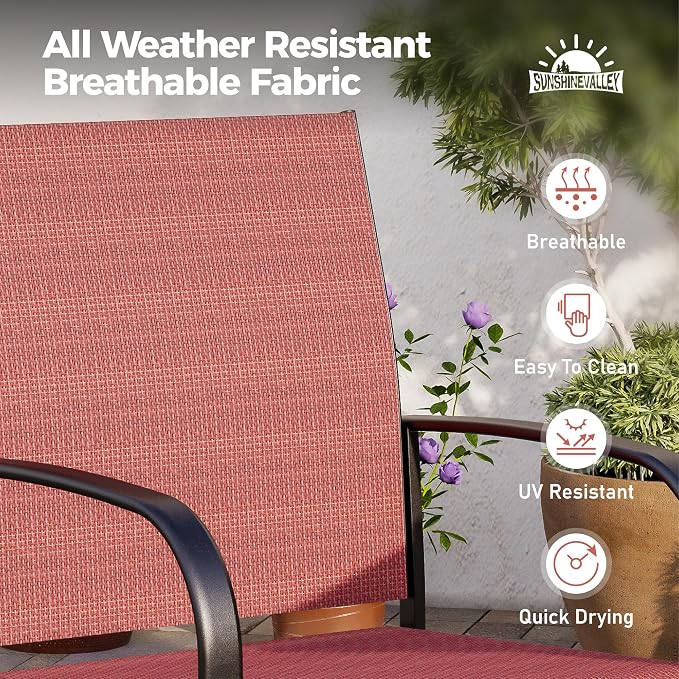SUNSHINE VALLEY Patio Dining Set for 6, Rectangular Wood-Like Metal Table with Umbrella Hole and 6 Dining Chairs, Outdoor Table and Chairs for Lawn Garden Backyard and Deck, Red