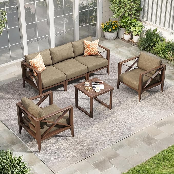 Aluminum Outdoor Furniture Set,5-Seats Patio Sectional Conversation Sofa with 5.2" All-Weather Cushions and Coffee Table,Patio Furniture Set for Deck, Porch, Garden (Brown)