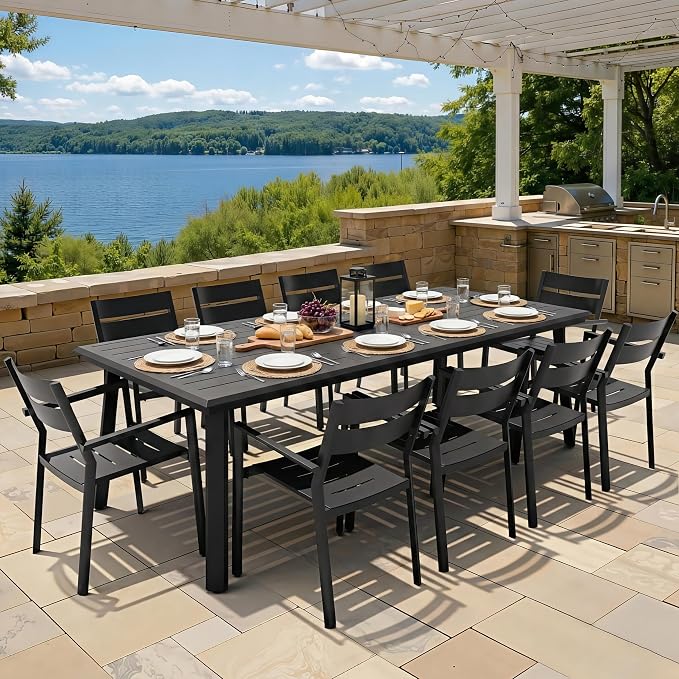 Aluminum Stackable Outdoor Dining Chairs Set of 2 | Modern Black Patio Armchair with Slat Back for Garden, Poolside, Backyard & Porch