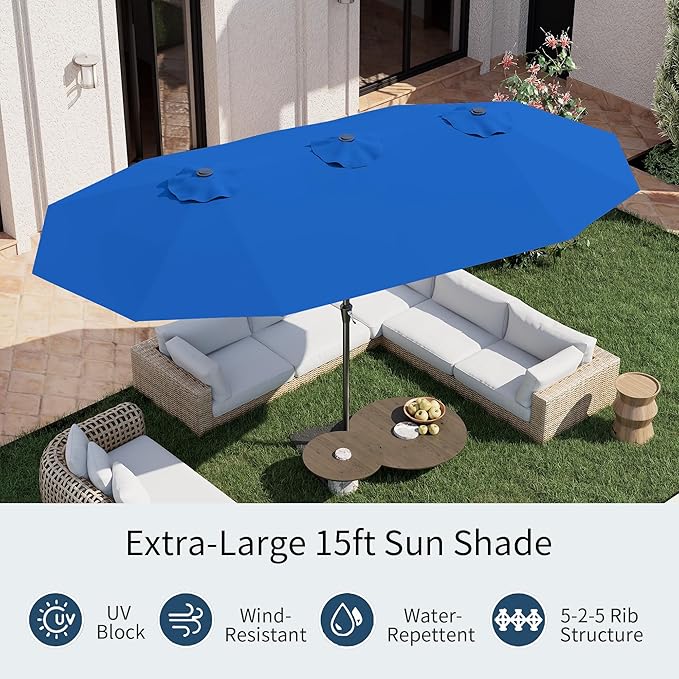 PatioKingdom 15FT Large Patio Umbrella with Base, Double Sided Rectangular Outdoor Umbrella with Sturdy Fiberglass Ribs, Market Umbrella for Pool,Garden,Backyard,Deck (Royal blue, 15FT)