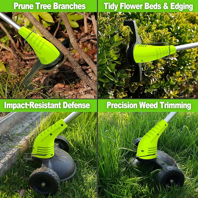 Electric Weed Wacker Cordless, 3-in-1 Wheeled Grass Trimmer with Height Adjustment, 2.0Ah Battery and 3 Types Blades for Yard, Lawn, Patio, Garden, Walkway, Fence & Branch Trimming, Green