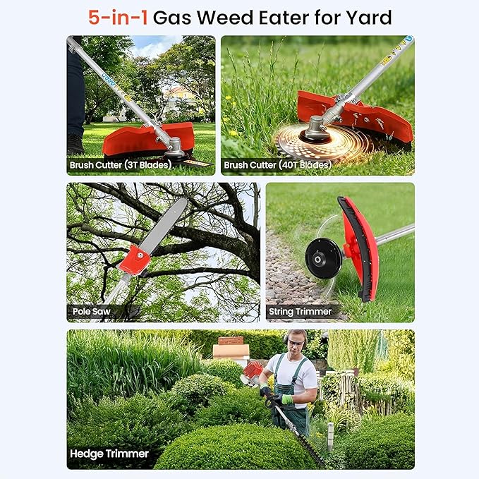 160cc 2 Stroke 5 in 1 Gas Powered String Trimmer Brush Cutter Gifts for Men