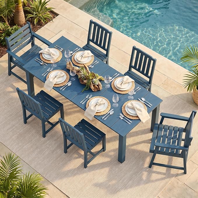 LOUNZY 7 Piece Patio Dining Set for 6, Outdoor Table and Chairs,Navy | 75.2” table,6 seat patio dining set, HDPE wood-look, fade resistant and waterproof, low maintenance outdoor furniture