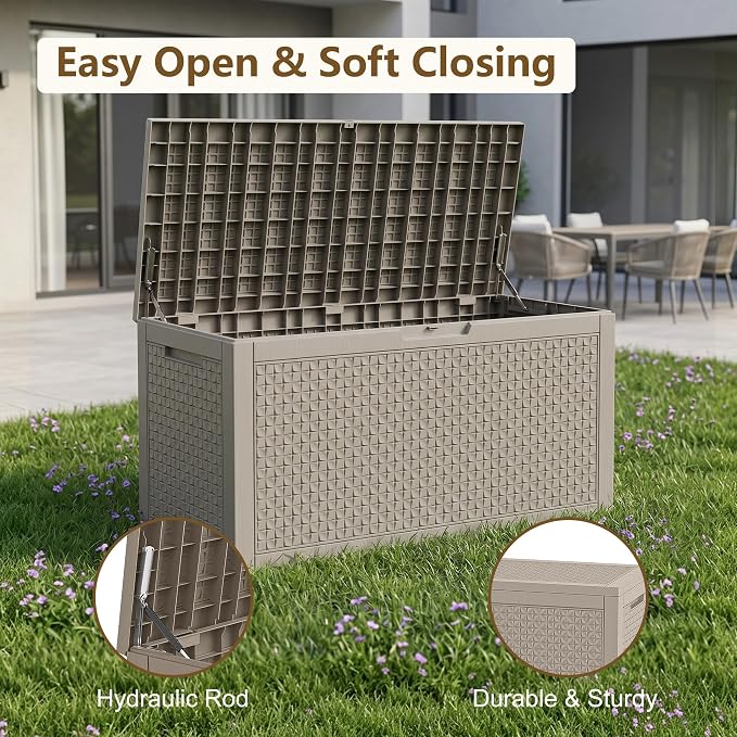 140 Gallon Outdoor Storage Box, Large Resin Deck Box, Waterproof Lockable Storage Container, Storage Bins with Lids for Patio furniture, Garden Tools, Grey