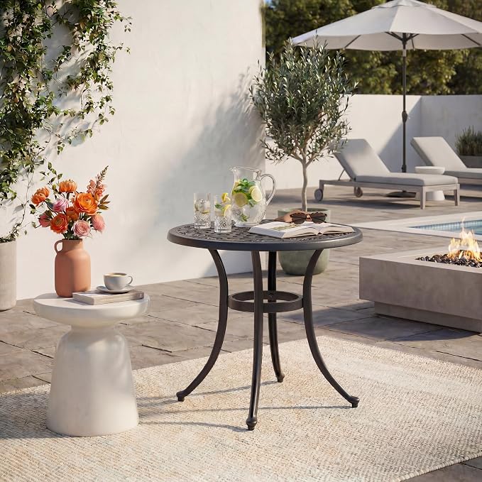 Cast Aluminum Outdoor Side Table, All Weather Metal End Table, Black Small Patio Table for Porch, Garden, Balcony, Black (24" Round Side Table)