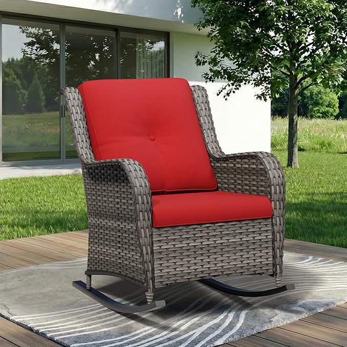 Outdoor Rocking Chair, Wicker Patio Chair with Thickened Olefin Cushions, High Back and Deep Seating, Hand-Woven PE Rattan for Porch, Deck, Balcony, Red