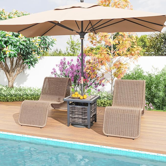 HAPPYGRILL Outdoor Wicker Side Table with Umbrella Hole, PE Rattan Square Coffee Table with Resin Top, Metal Frame, Small End Side Table for Garden, Yard, Poolside, Deck