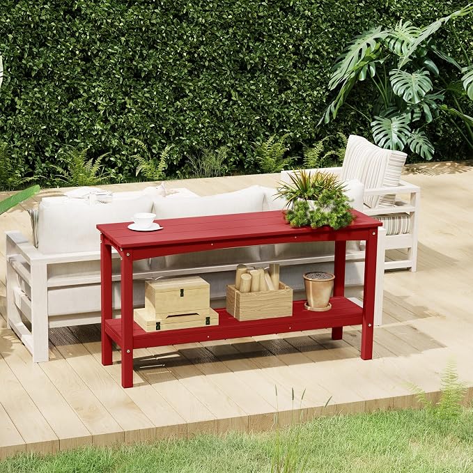 Costaelm Plant Stand Outdoor, 55in 2-Shelf Outdoor Storage Cabinet, Multifunctional Buffet Porch Table tv Stand and Side Tables for Patio, Pool & Yard, Red