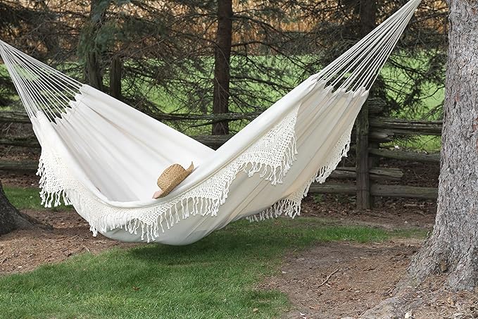 Vivere Double Deluxe Cotton Brazilian Style Hammock with Fringe - 450 lb Weight Capacity