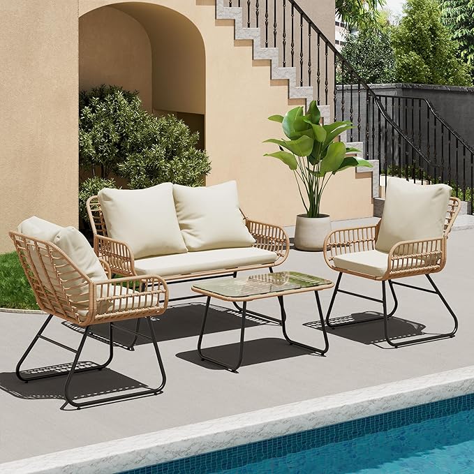 LEX CRAFT 4-Piece Outdoor Patio Furniture Set with Cushions & Tempered Glass Table, All-Weather Rattan Bistro Set with Loveseat Chairs Table Soft Cushions for Garden, Porch, Backyard (Beige)
