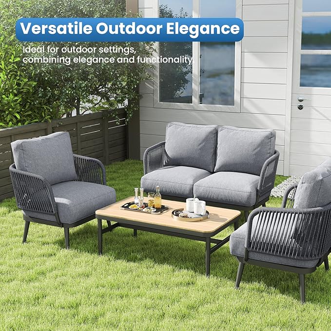 Outdoor Patio Furniture Set 5-Piece, Outdoor 4-Seat Sofa with Coffee Table, Waterproof Thick Cushion Patio Conversation Set, All Weather Outdoor Couch Set for Deck, Lawn, Balcony, Porch
