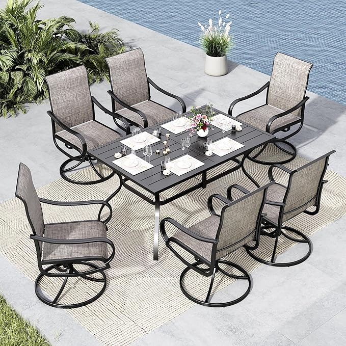 MFSTUDIO Patio Table and Chairs Set of 6, Outdoor Dining Set for 6 with Umbrella Hole, Outdoor Patio Furniture Set for Deck, Backyard, Poolside & Garden