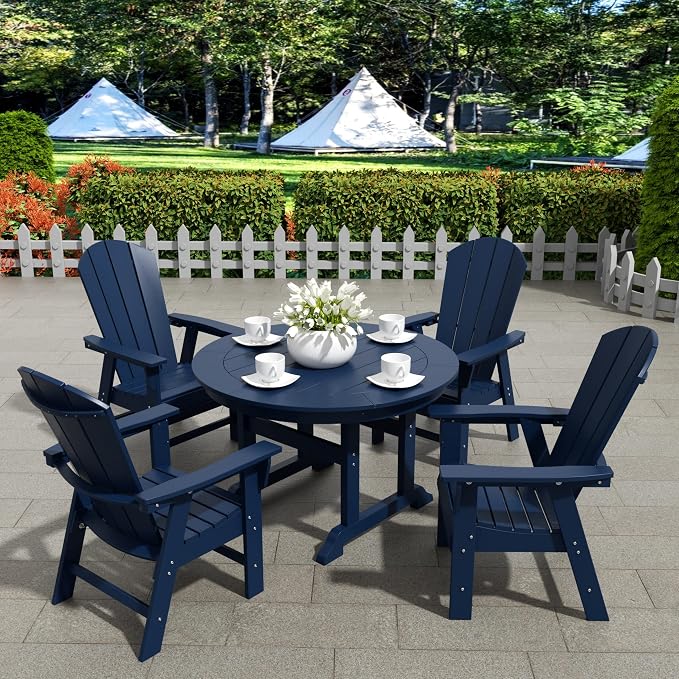 WestinTrends Malibu Patio Dining Table, All Weather Poly Lumber Adirondack 47" Trestle Round Outdoor Table with Umbrella Hole, Navy Blue