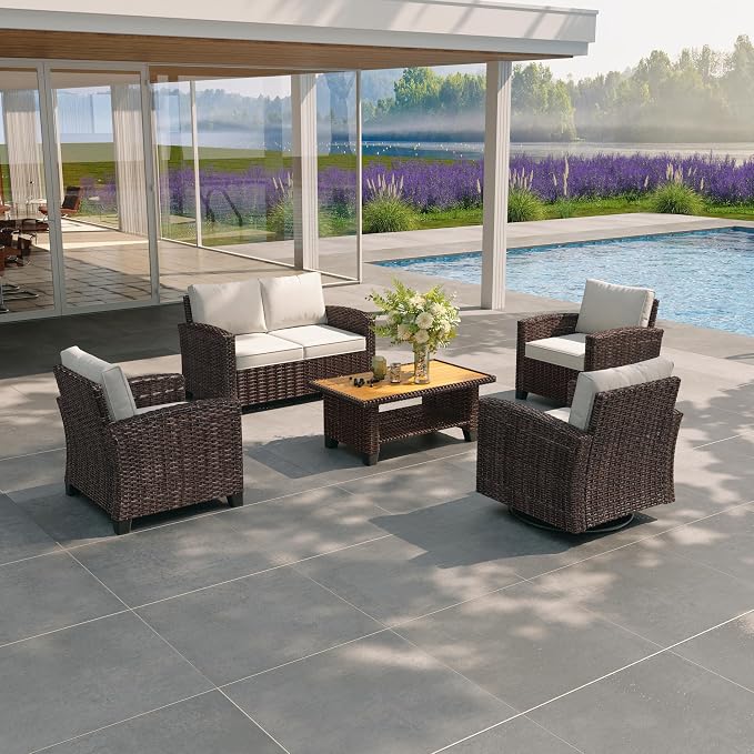 Rattaner Outdoor Wicker Coffee Table, Square Side Table with Wood-Like Tabletop, Brown