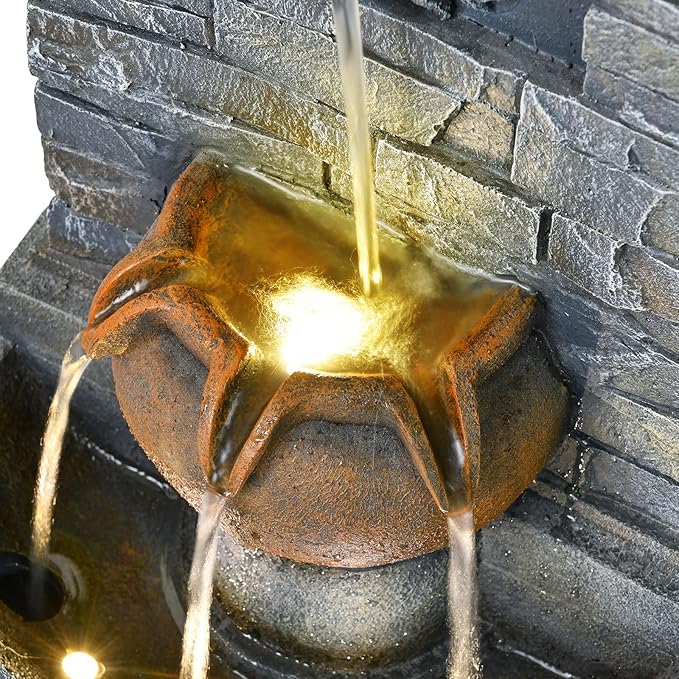 32'' Outdoor Water Fountain, Lion Head Floor-Standing Stone Waterfall Fountain with LED Lights, Garden Decor Water Feature for Patio, Backyard, Deck, Porch, Home Art Decor