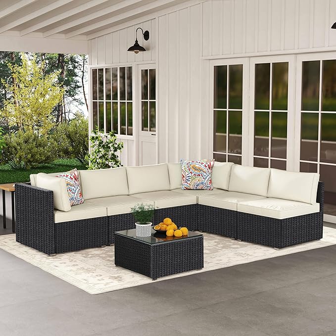 7-Piece Outdoor Patio Furniture Set – Handwoven All-Weather Rattan & 4” Thick Waterproof Cushions, Wicker Outdoor Conversation Sets with Coffee Table for Deck, Backyard, Garden, Black/Beige