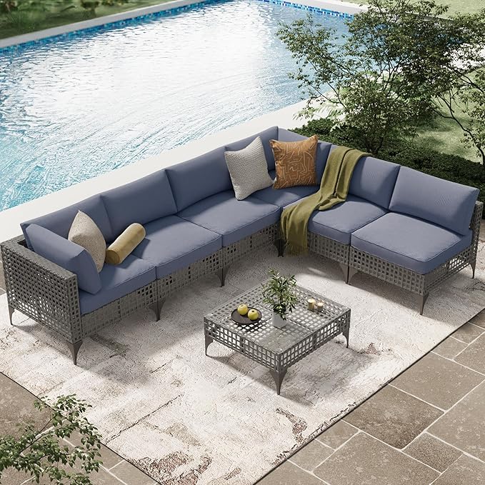 AECOJOY 7-Piece Patio Outdoor Furniture Set with Tea Table, Boho Outdoor Sectional Furniture Sofa PE Rattan Wicker Conversation Set, Grey Rattan&Blue Cushions