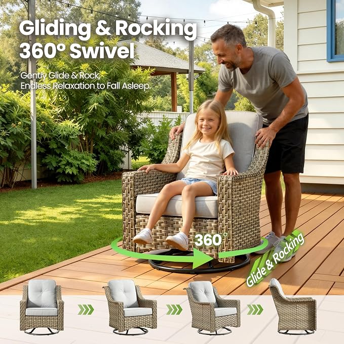 6 Piece Patio Furniture Set with Swivel Rocker Chairs, Outdoor Wicker High Back Sofa Glider Chair Ottoman with Cushion, All Weather Conversation Sets for Backyard Poolside Deck Grey