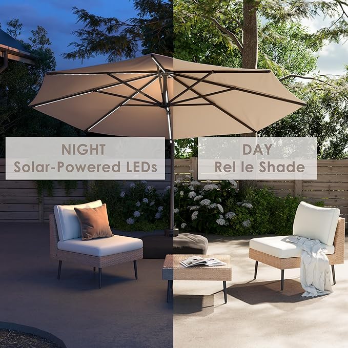 ENSTVER 12FT Solar Powered LED Light Cantilever Patio Umbrella With Base Included, Round Large Aluminum Outdoor Cantilever, Heavy Duty Offset Umbrella with 360°Rotation for Pool, Deck, Backyard