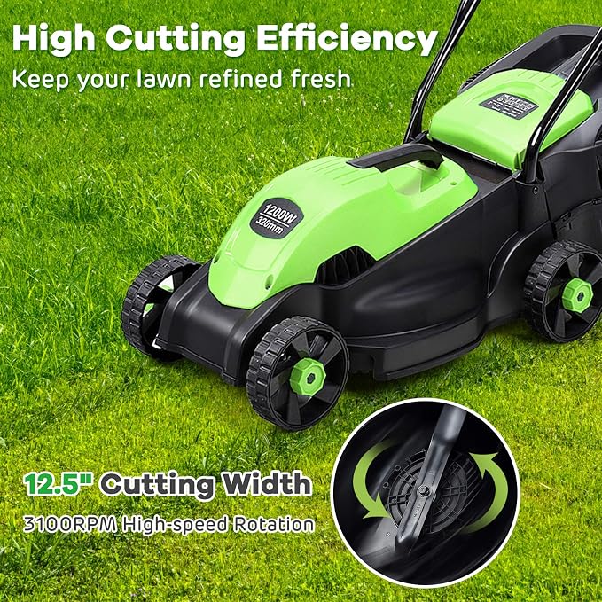 IRONMAX Electric Lawn Mower, 12.5 Amp 1200W Corded Push Mower with 3 Cutting Heights, 30L Grass Collection Bag, Folding Handle, 13" Walk-Behind Lawn Mowers for Yard Garden Farm (Green)