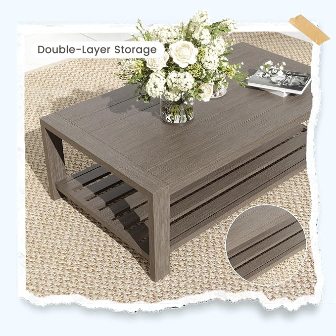UDPATIO Aluminum Patio Furniture Set, Faux Wood Grain Modern Outdoor Furniture, 6" Cushions Metal Patio Conversation Sofa with Coffee Table for Poolside Deck, 6 PCS, Beige(Include 600D Covers)