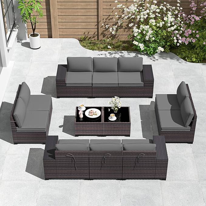 Gotland 12 Pieces Patio Furniture Set, Wicker Outdoor Sectional with Wide Armrests 29.5'' High Backrest 4'' Thick Waterproof Cushions, Oversized Patio Furniture for Deck Garden Gray