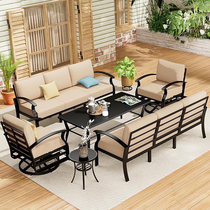 Aluminum Patio Furniture Set with Coffee Table,8 Seats Metal Modern Outdoor Furniture w/5.1" Thick Cushions,Patio Sectional w/Swivel Chairs for Patio,Backyard,Sand