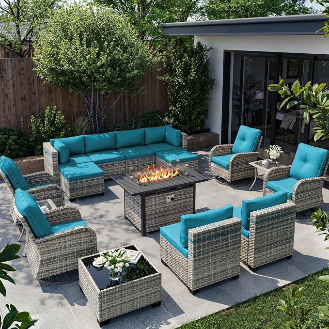 16-Piece Outdoor Patio Furniture Set with Rocking Swivel Chair, Wicker Rattan Sectional Sofa Conversation Set with 55,000 BTU Fire Pit Table with Ottomans, Backyard Furniture, Turquoise