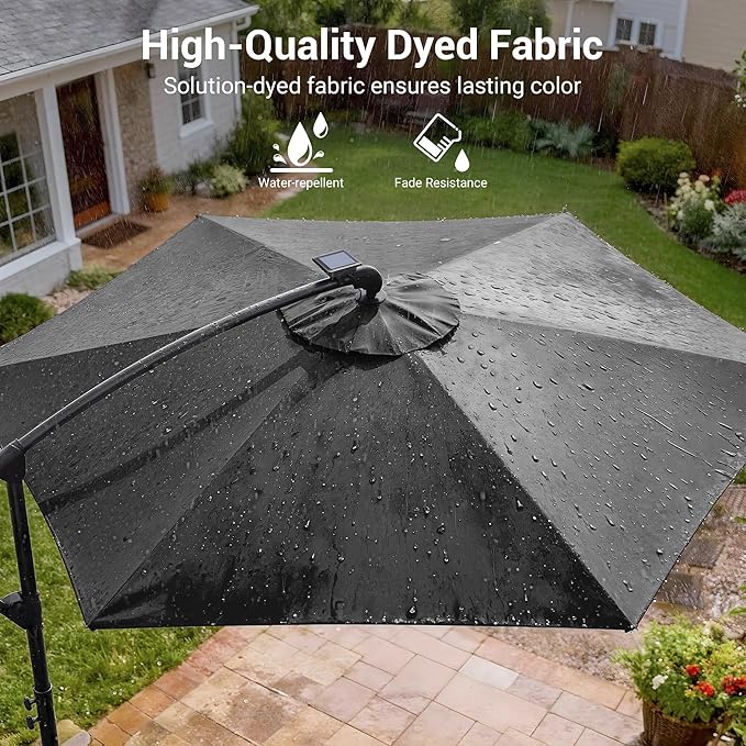 10ft Offset Patio Umbrella with Solar Light Strips,Outdoor Cantilever Hanging Umbrella with Cross Base, Fade Resistant Recycled Fabric, for Pool, Deck, Garden,Backyard,