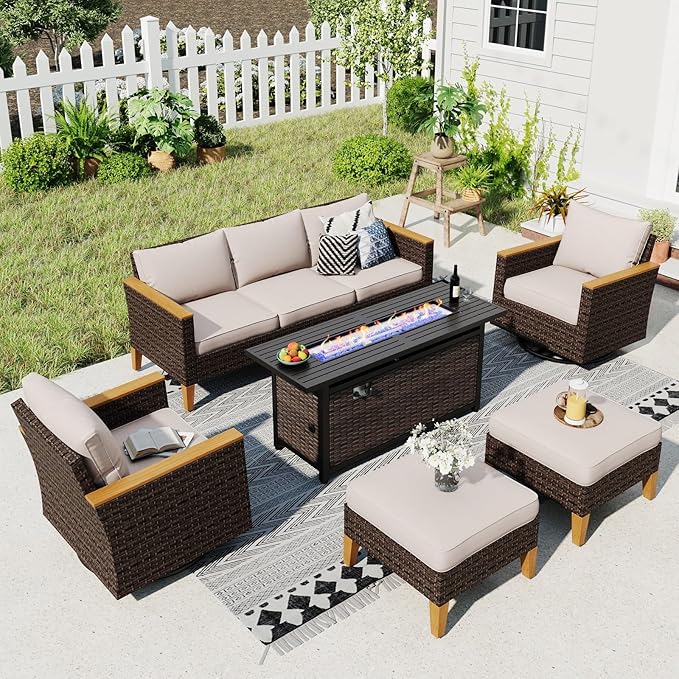 Sophia & William Patio Furniture Set with 56" Fire Pit Table & Swivel Chairs, 8 Piece Outdoor Sectional Furniture Wicker Modular Sofa Couch, Conversation Set for Deck Backyard Lawn, Beige