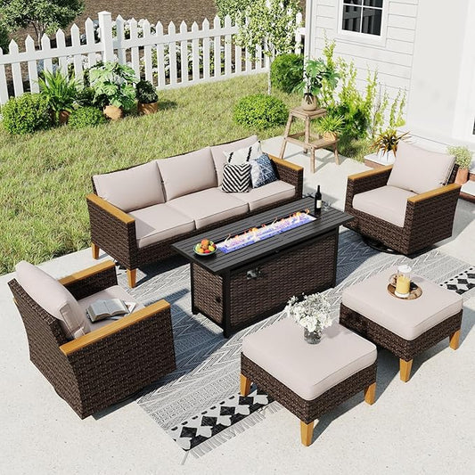 Sophia & William Patio Furniture Set with 56" Fire Pit Table & Swivel Chairs, 8 Piece Outdoor Sectional Furniture Wicker Modular Sofa Couch, Conversation Set for Deck Backyard Lawn, Beige