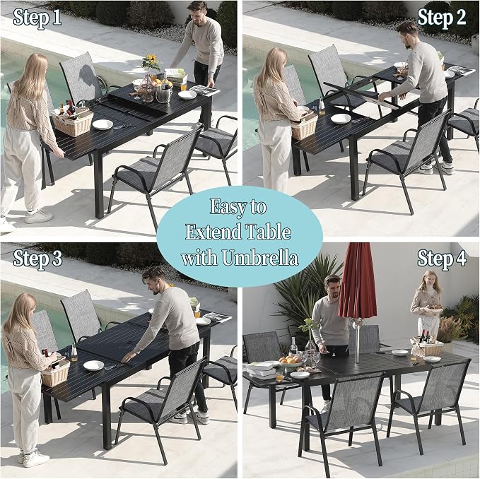 PIZZELLO Outdoor Expandable Dining Table 71"-106" Aluminum Patio Dinner Table for 8-10 Person, Rectangular Metal Collapsible Tables w/Umbrella Hole, Patio Table w/Extendable Top for Garden, Backyard