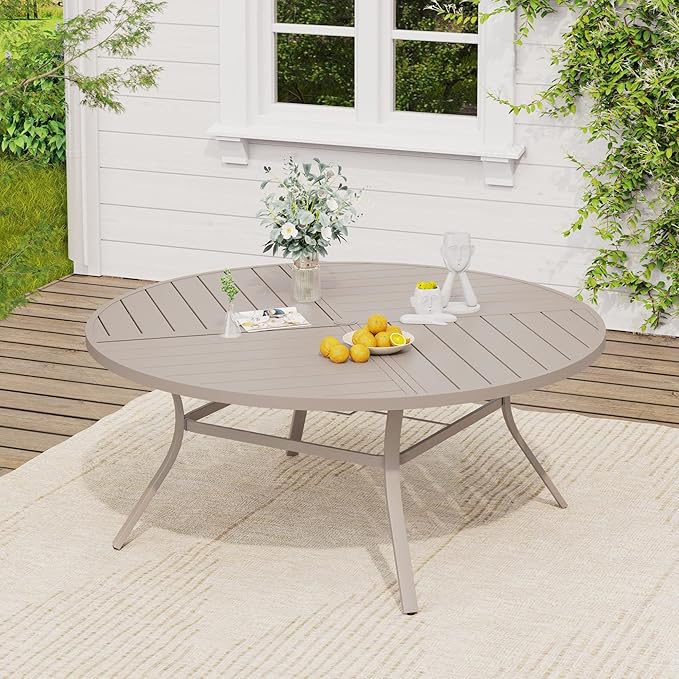 VICLLAX Outdoor Table and Chairs Set for 8, Patio Dining Set of 60 Metal Round Patio Table with Umbrella Hole & 9 Swivel Outdoor Dining Chairs for Backyard Lawn, Sandshell