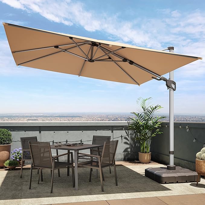 LAUSAINT HOME 9 FT Patio Umbrella, Outdoor Large Cantilever Windproof Patio Offset Umbrella with 360° Rotation for Backyard, Pool, Lawn, Deck (Square, Khaki)