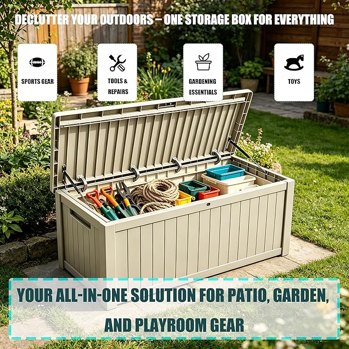 Outdoor Storage Solution with Deck Box Design, Multi-purpose Patio Furniture for Garden Tools, Shoe Storage & Cushions, Strong Storage Bins with Lids Style (beige)