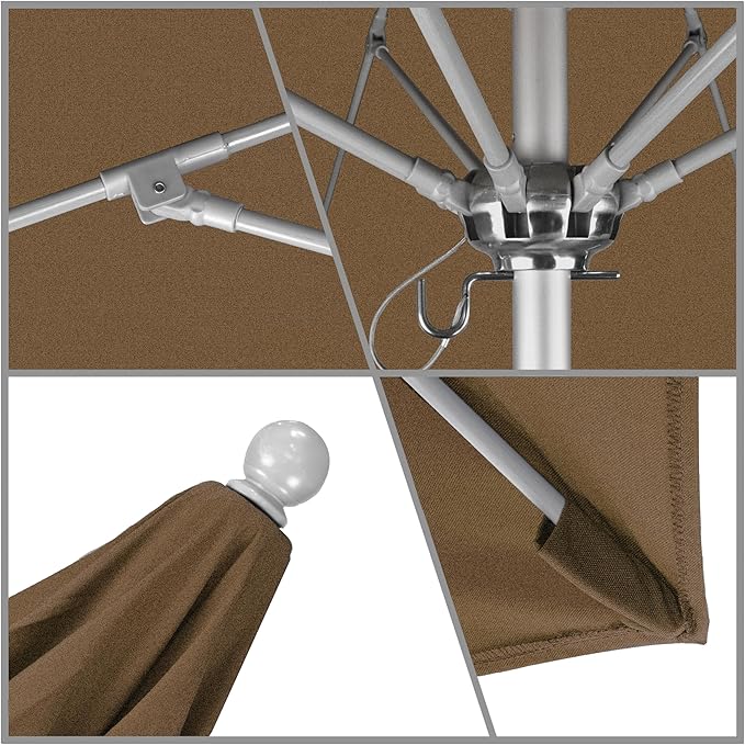 California Umbrella 9' Round Aluminum/Fiberglass Umbrella, Push Open, Silver Pole, Sunbrella Teak Fabric