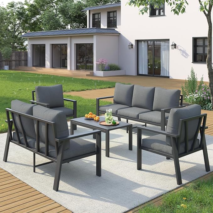 UDPATIO Aluminum Outdoor Patio Furniture Set 5 Pieces Metal Conversation Sets 7 Seat Sectional Sofa Modern Seating Set with Coffee Table for Outdoor Garden Backyard, Dark Grey