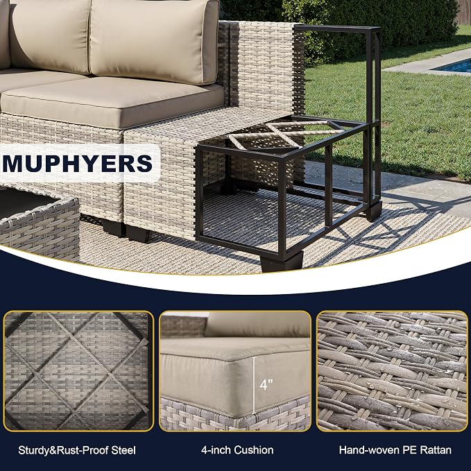 14-Piece Outdoor Patio Furniture Set with Rocking Swivel Chair, Wicker Rattan Sectional Sofa Conversation Set with 55,000 BTU Fire Pit Table, Backyard Furniture, Beige