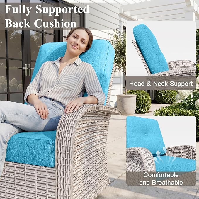 Patio Wicker Chairs Swivel Rocker, Outdoor Swivel Glider Rocker Chairs with Rattan Side Table, All Weather Conversation Set for Porch Poolside Balcony,Cyan
