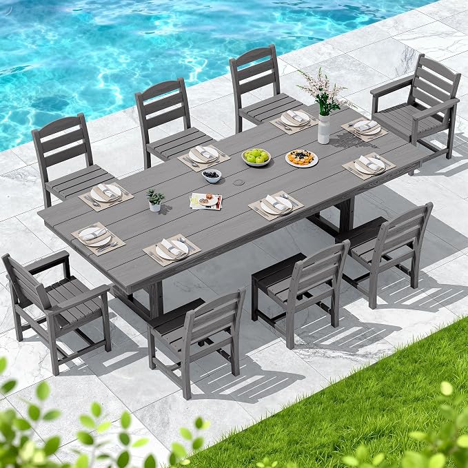 SERWALL 9 Piece Outdoor Dining Set, 84" HDPE Outdoor Table with 6 Armless Chairs and 2 Armchairs ，All Weather Patio Dining Furniture Set with Umbrella Hole for Backyard, Garden, Gray