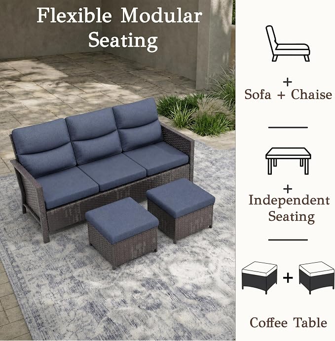 Brafab 7-Seat Piece Wicker Patio Furniture Set with 44" Propane Fire Pit Table, Outdoor Swivel Recliner Chairs with Adjustable Backrest & Footrest for Patio Conversation and Backyard Gathering, Blue