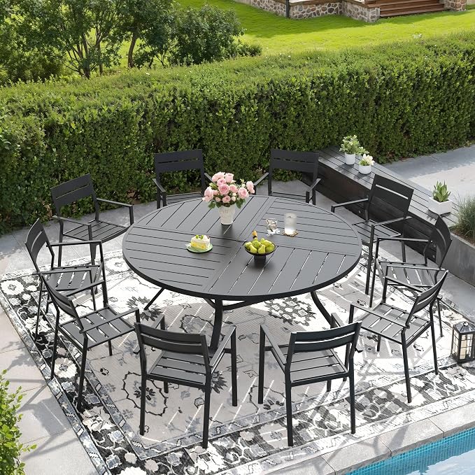 DIFY 11 Piece Outdoor Patio Dining Set for 10, 59.8" Round Dining Table with Umbrella Hole and Stackable Metal Chairs, Patio Table and Chairs Set for Backyard Garden Poolside, Black