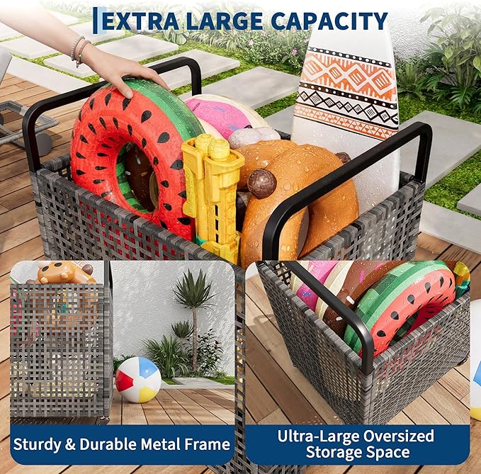 TrailBlaze Heavy-Duty Outdoor Pool Float Storage Bin – Large Mesh Organizer with Wheels & Handrail – Weather-Resistant PE Rattan – Locking Casters – Patio Poolside Storage Bench – Size: 85×66×91cm,