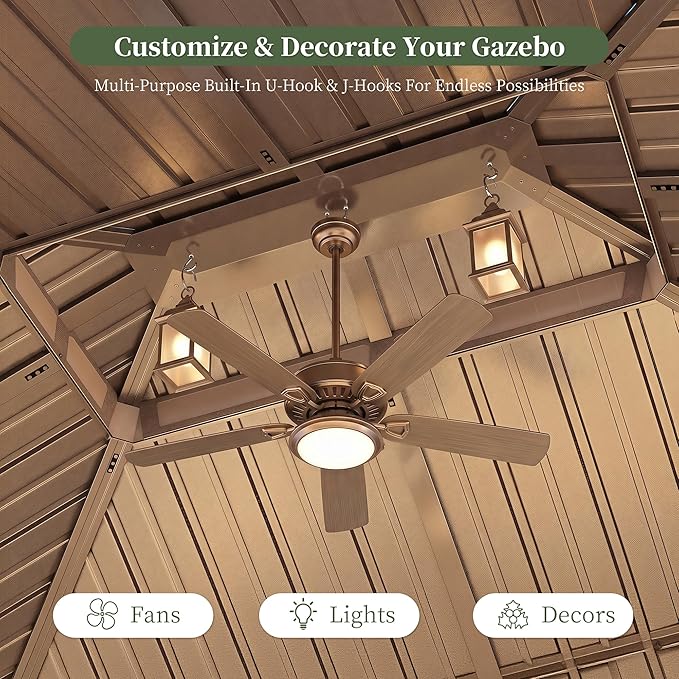 Aoxun 14'x10' Hardtop Gazebo with 4 LED Lights, Outdoor Gazebo with Galvanized Steel Double Roof, Patio Gazebo with Breathable Netting & Privacy Curtain, Decor Hooks for Backyard, Brown
