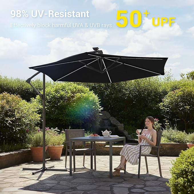 10ft Offset Patio Umbrella with Solar Light Strips,Outdoor Cantilever Hanging Umbrella with Cross Base, Fade Resistant Recycled Fabric, for Pool, Deck, Garden,Backyard,