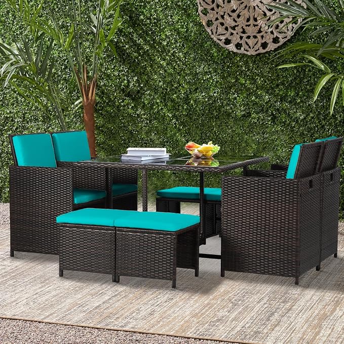 Patio Table and Chairs Set Outdoor Patio Furniture Set Patio Dining Sets 9 Pieces Space Saving Outdoor Dining Set with 4 Chairs 4 Ottomans Glass Table for Outdoor Backyard Porch Poolside Balcony,Blue