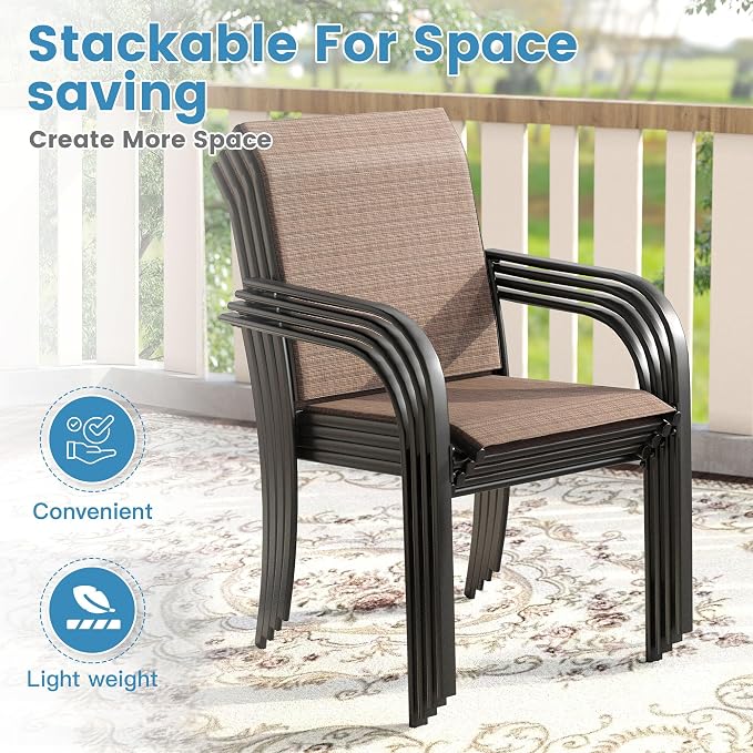 DIFY Patio Dining Set for 6, 7 Piece Outdoor Table and Chairs Set, 50" Black Round Metal Patio Dining Table and 6 Brown Textilene Stackable Patio Chairs, for Backyard Garden Poolside