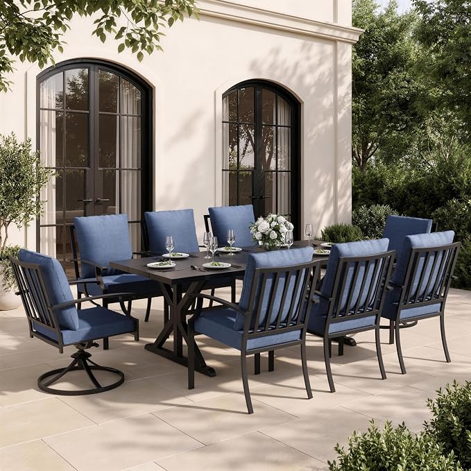 9 Piece Outdoor Dining Set for 8, Metal Patio Table and Chairs with Cushions, Patio Furniture Set with 2 Swivel Chairs, Rectangular Metal Dining Table with Umbrella Hole, Lawn Deck Yard-Navy