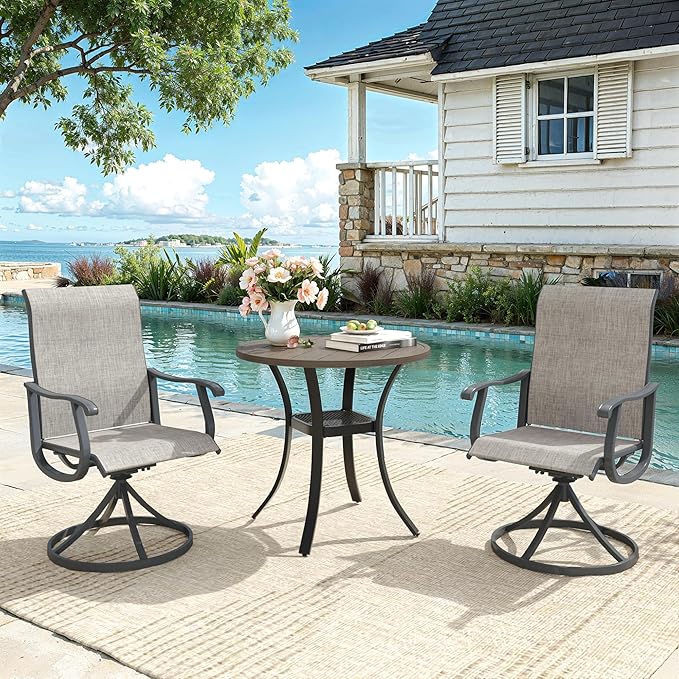 VICLLAX Patio 3 Pieces Outdoor Bistro Dining Set,Wrought Iron Metal Outdoor Table and Chairs Set,27.6" Round Table and 2 Swivel Textilene Chairs for Lawn,Garden,Porch,Grey